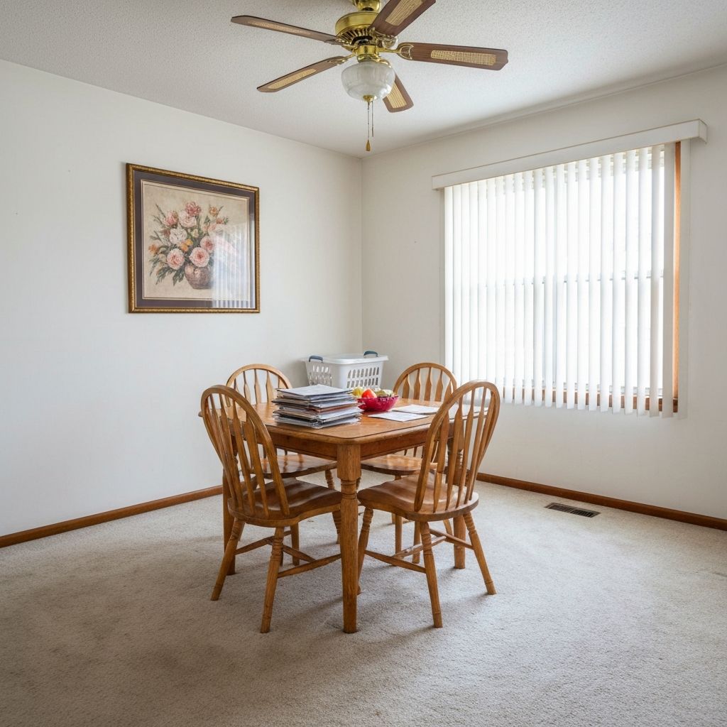 The original suburban dining room with white walls, beige carpet, and a generic dining set.